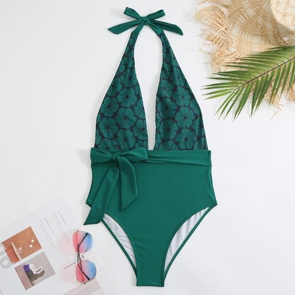 NEW! Women's XL Floral Print Halter Top Sash Tie Waist Bathing Suit Swimsuit - Picture 2 of 6